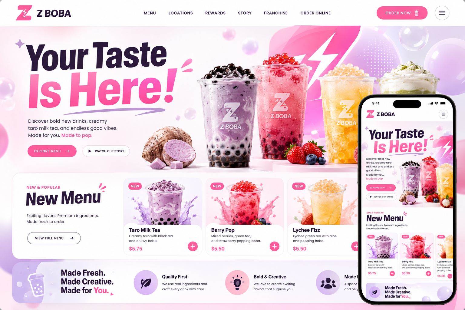 Z Boba desktop and mobile website preview